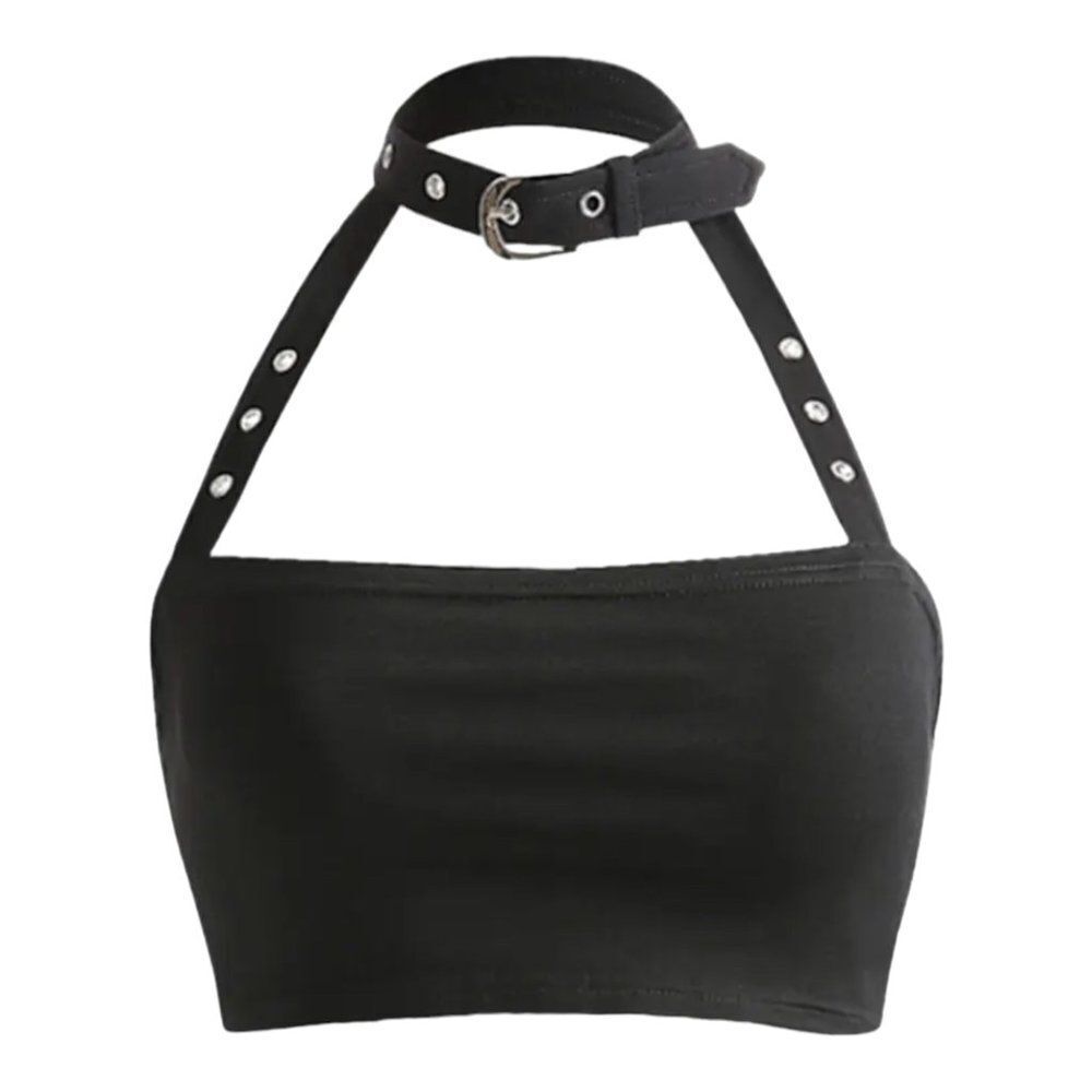 Black Cut Out Buckle Collar Crop Top NEW - Picture 2 of 4